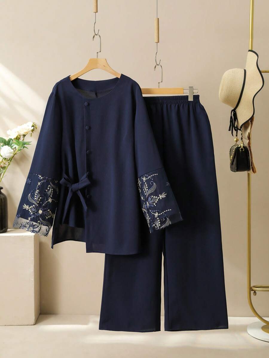 Lacomfia 2pcs Plus Size Set: Elegant Round Neck Embroidered Mesh Patchwork Fall Cloth For Women - Navy Blue - View 1