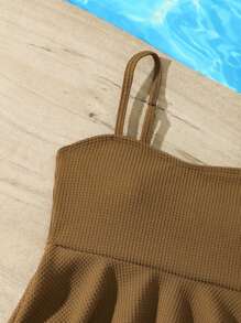 Tween Girl Adjustable Strap Camisole Bikini With Ruffle Trimming - Brown - View 3