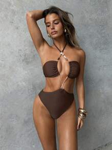 Aloruh Maillot de bain une pièce pour femmes, élégant et sexy de couleur unie marron chocolat avec 1 pièce décolleté en V profond et une décoration de perles, maillot de bain une pièce pour femmes pour fête/vacances, pour l'été et la plage - Tabac - Voir 4