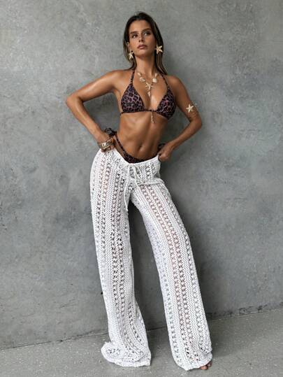 Aloruh 女式罩衫沙滩裤，优雅性感复古风格针织半透明裤，适合春夏季度假波西米亚风裤女士阔腿罩衫泳装裤低腰裤女士沙滩乡村音乐会裤