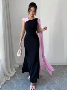 Elenzga Vestido elegante y de moda para mujer con cintura ceñida, asimétrico y de contraste de color en gasa, con capa en los hombros, ideal para fiestas y días festivos - Negro - Ver 5
