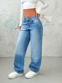 EURMUSE Jean recto de talle bajo con detalles de parches - Azul lavado medio - Ver 4