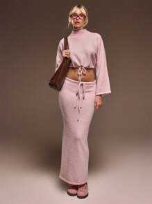 MUSERA Fluffy Knit High Neck Long Flared Sleeve Cropped Jumper Only Spring Summer Cute Valentine Thanksgiving Chic - Baby Pink - View 5