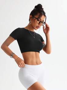 SHEIN Sports Top de sport récolté femme avec dos croisé bicolore - Bleu azur - Voir 3