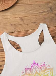 SHEIN LUNE Casual Loose Colorful Henna Tattoo Pattern Lotus Flower Print Women Summer Racerback Tank Top Slightly Sheer Back To School,Casual - White - View 4