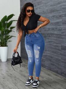 SHEIN SXY Plus Size Casual Washed Ripped Skinny Fit Jeans - Medium Wash - View 5