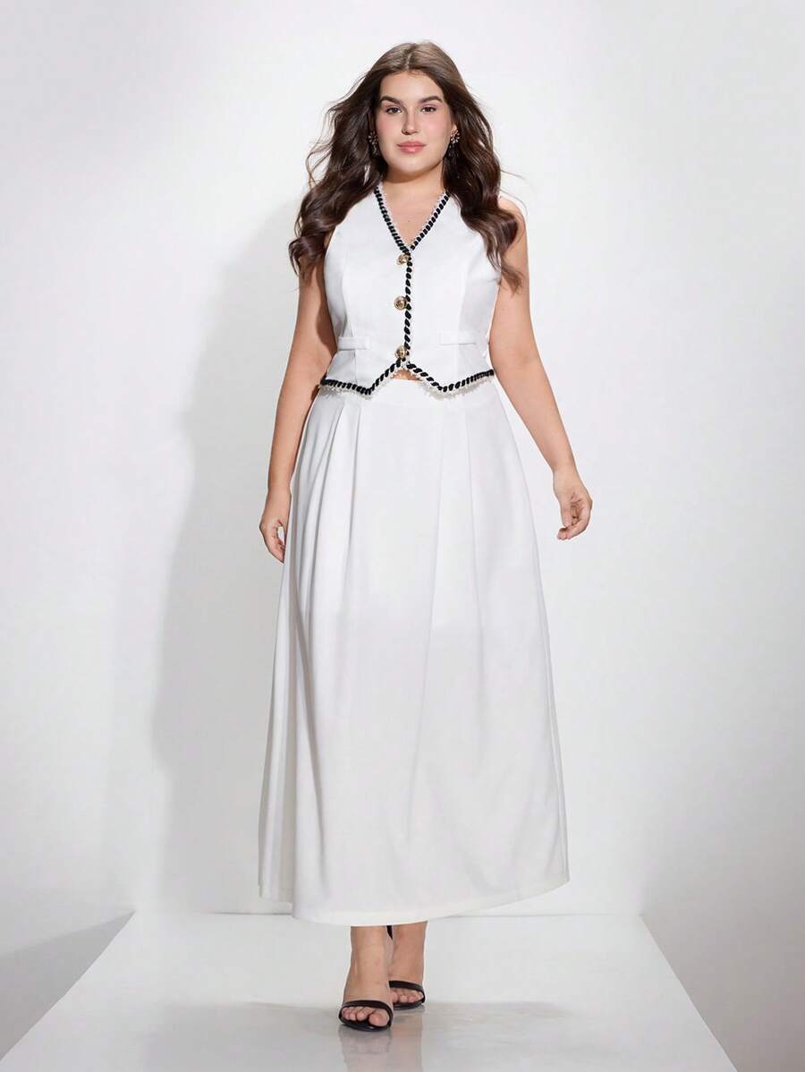 SHEIN MOD 大码 V 领无袖拼色系带背心和长款褶皱裙套装