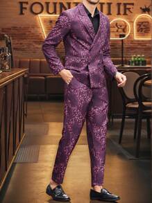 Manfinity AFTRDRK 男士华丽派对渐变仿金印花西装，不对称图案全印花，尖头翻领设计，前扣长袖，口袋简约上衣和长裤套装 - 酒紅色 - 查看 6