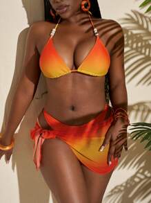 Slaydiva Set de 3 piezas de traje de baño tipo bikini con estampado degradado y falda para mujeres, perfecto para vacaciones en la playa en primavera/verano - Multicolor - Ver 6