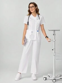TaskEZ Pijama médico de estilo bordado de mariposa con múltiples bolsillos - Blanco - Ver 3