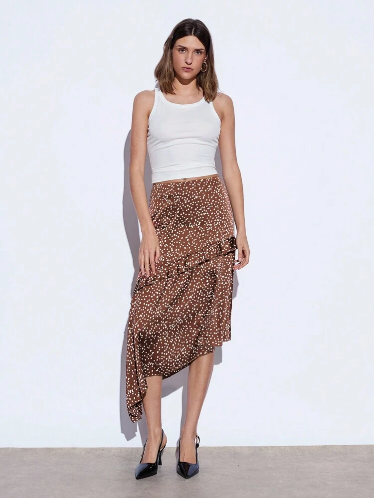 SHEIN Maija Jupe femme élégante et moderne à pois marron, décontracté et romantique pour le quotidien, la sortie, la fête, les invités de mariage. Convient pour le printemps et l'été