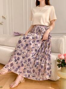 DAZY 2pcs/Set Women Floral Full Print Short Sleeve Top And Pleated Skirt