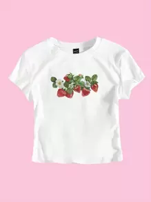 Flirla Women's Y2K Strawberry Fruit Print Short Cropped T-Shirt For Summer