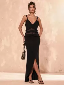 SHEIN BAE Vestido elegante de unicolor para mujer con volantes y espalda descubierta - Negro - Ver 5