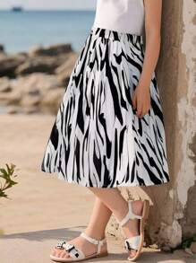 Young Girl Zebra Print Pleated Skirt - Black and White - View 1