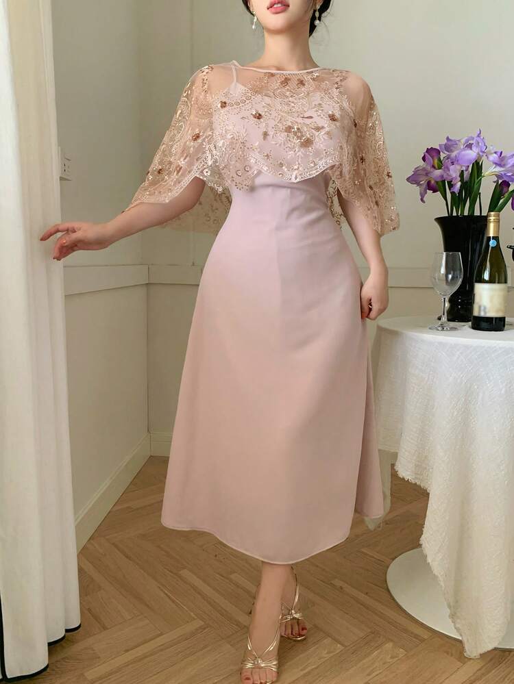 1pc Women Solid Color Round Neck Mid-Length Dress With Lace Shawl, 2 Pieces Set