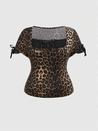 Camiseta de mujer de estilo ballet de 2 en 1 con cuello cuadrado, parches de encaje y mangas abullonadas con estampado de leopardo y bloqueo de colores