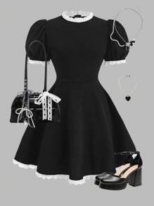 Girlism Vestido mini línea A de niña preadolescente con mangas abullonadas, adorno de encaje negro vintage, vestido elegante, vestido de fiesta, vestido negro pequeño