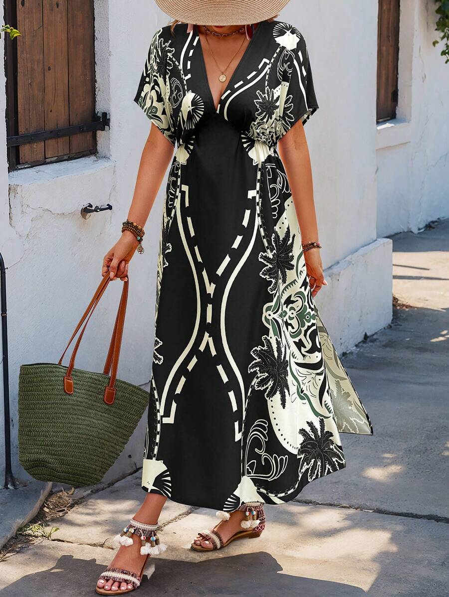 Breezaya Plus Size Plant Texture Placement Print Dress - Multicolor - View 1