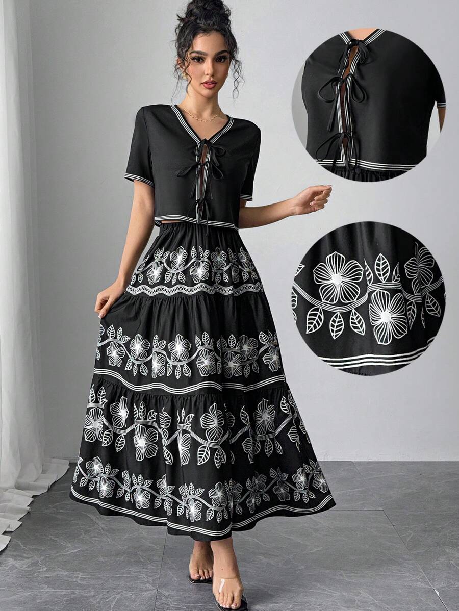 Seusyu 2pcs/Set Casual Vacation Black & White Printed Cropped Jacket And Mini Skirt Set - Black and White - View 1