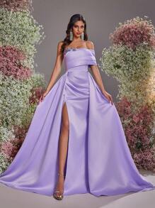 Glamrae Spring And Summer Elegant, Gorgeous And Romantic Lavender Asymmetric Off The Shoulder Pleated Luxury Rhinestone Splicing Mermaid Slit Hem Splicing Oversized Floating Pieces Wedding Guest Dress, Suitable For Dinner Bachelor Party Lovers Date Vacation Back To School Season Prom Wedding Season Evening Dress, Formal Dress,Gown