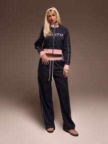 低腰抽绳撞色滚边“Musera”印花直筒慢跑裤，夏季可爱街头风度假时尚优雅款