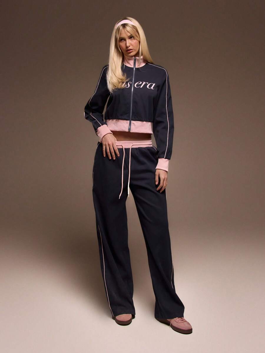 低腰抽绳撞色滚边“Musera”印花直筒慢跑裤，夏季可爱街头风度假时尚优雅款