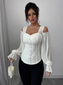 Elenzga Women's Open Shoulder Floral Jacquard Fashion Design Long Sleeve Blouse - Apricot - View 3