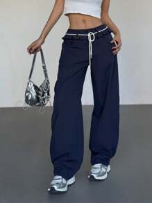 SHEIN EZwear Women's New Style Ruffle Waistband O-Shape Long Pants - Blue - View 1