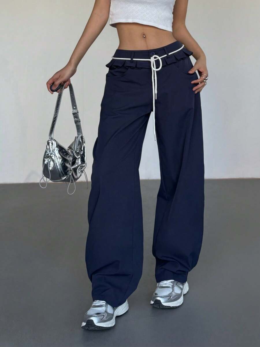 SHEIN EZwear Women's New Style Ruffle Waistband O-Shape Long Pants - Blue - View 1