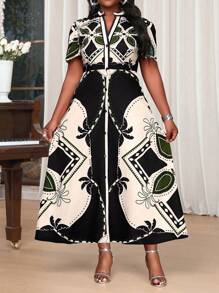 SHEIN Lady Spring And Summer Casual Elegant Boho Black  Woven Shirt Collar Flared Button Long  Short Sleeve Plus Size Dresses Vacation Outfits Woman Beach Outfits For Woman Vacation Vacation Outfits Women Beach Vacation Outfits Beach Wedding Guest Dress Sundress Church Clothes Women Spring Outfits For Women - Multicolor - View 1