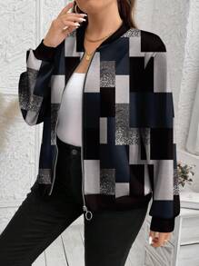 SHEIN LUNE Plus Size Black And White Checkered Jacket: Chic Geometric Print Bomber For Women Fall Clothes Winter Clothes Autumn