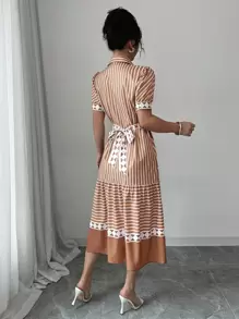 Elenzga 女式休闲优雅波西米亚风格条纹印花领带蝴蝶结连衣裙 - 卡其色 - 查看 2
