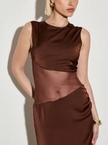 AiiRZ Elegant Satin Evening Maxi Dress With Color Block Panel Design Sleeveless Formal Gown Perfect For Weddings Galas Special Occasions