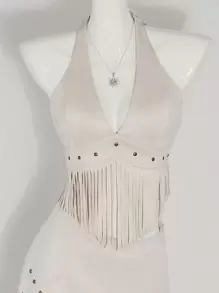 SHEIN ICON Y2k 音乐会女装复古风格牛仔波西米亚乡村音乐会度假嬉皮度假西部装女装节日流苏下摆露背麂皮吊带上衣 - 杏色 - 查看 12