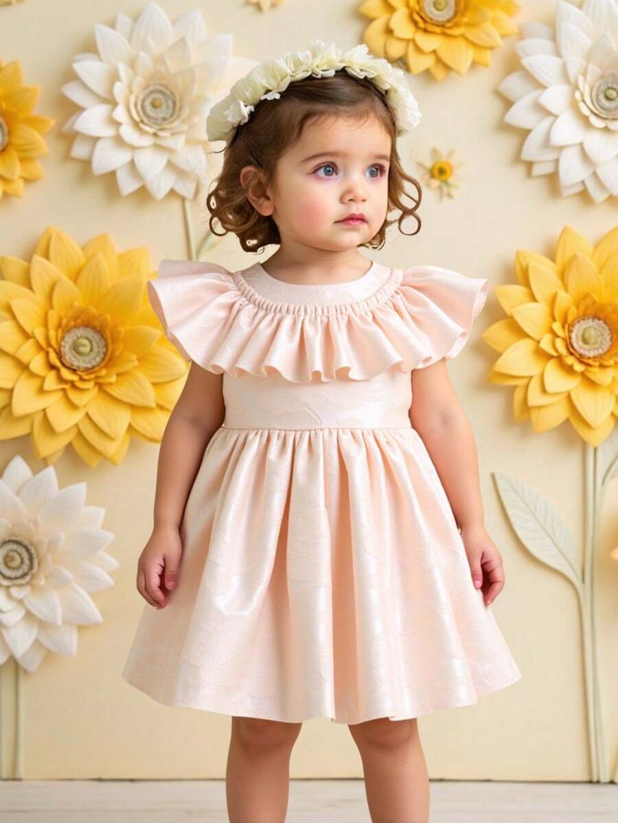 SHEIN Glamorique Kids Robe élégante pour bébé fille, de couleur champagne en jacquard, robe de princesse pour soirée de gala du 1er anniversaire de bébé avec garniture de volants