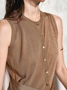 SHEIN LUNE 现代办公室女士闪光针织无袖上衣，女式，春夏 - 卡其色 - 查看 2