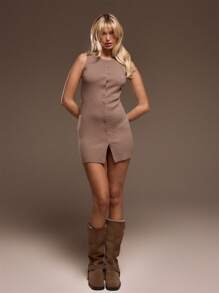 MUSERA Đầm len ngắn không tay cài cúc, kiểu dáng mùa xuân hè, dễ thương, phong cách Y2K 90s, thích hợp cho bữa brunch. - màu nâu - Xem 1