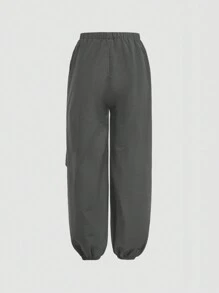 SHEIN Girlism 2 件套青少年女孩针织拼色字母印花 T 恤和纯色弹性袖口裤子，休闲装