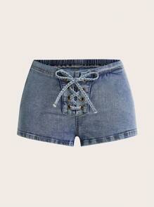 SHEIN ICON Quần short denim cạp trễ có thiết kế buộc dây lỗ cho nữ - Rửa trung bình - Xem 6