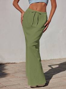SHEIN EZwear White Linen Mermaid Maxi Skirt, Spring/Summer, Resort Wear - Green - View 5