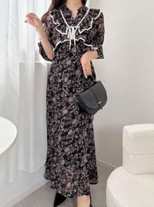 FRIFUL Women's Maxi Floral Romantic Dress, Holiday Style, Spring/Fall Long Sleeve Dress Boho Vacation Outfits Women - Black - View 6