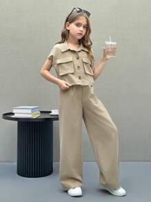 SHEIN Nova Glow Tween Girl 休闲街头时尚梭织纯色短袖衬衫和直筒裤套装 - 杏色 - 查看 5