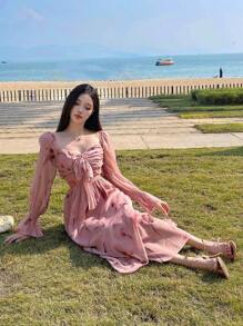 DAZY Đầm midi dáng ôm bằng chiffon in họa tiết hoa hồng, thắt eo xoắn, có bèo nhún, thích hợp cho nữ, kiểu dáng mùa thu, tay dài, trang phục đi nghỉ mát, lễ Phục sinh. - Hồng - Xem 6