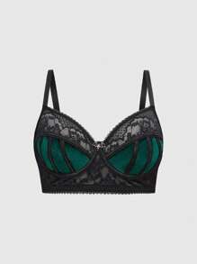 ROMWE Plus Size Gothic Retro Rose Bride Lace Lingerie Bra And Panty Set - Green - View 7