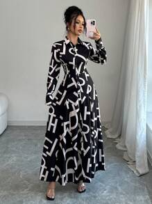 Elenzga Đầm Maxi Họa Tiết Hoa Tay Dài Ve Áo Thắt Eo Thanh Lịch Cho Nữ Đi Làm Thời Trang Quyến Rũ Kỳ Nghỉ Thường Ngày (Họa Tiết Hoa Ngẫu Nhiên) - màu đen - Xem 1