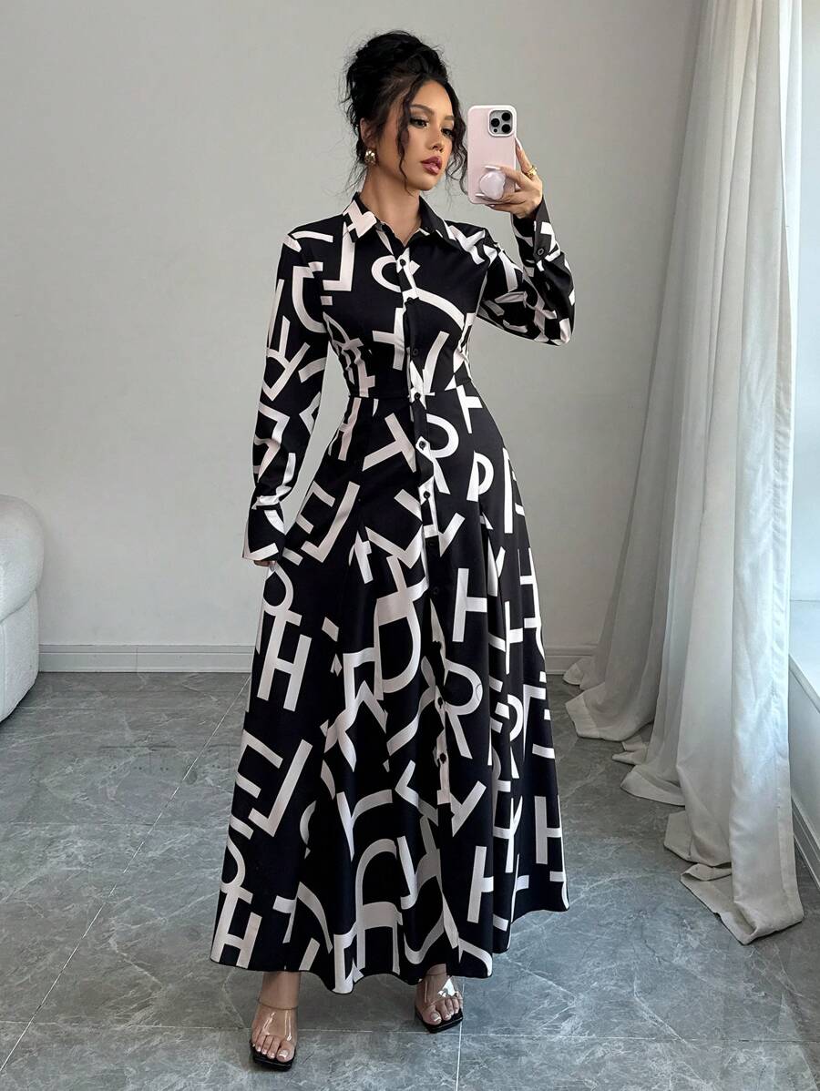 Elenzga Đầm Maxi Họa Tiết Hoa Tay Dài Ve Áo Thắt Eo Thanh Lịch Cho Nữ Đi Làm Thời Trang Quyến Rũ Kỳ Nghỉ Thường Ngày (Họa Tiết Hoa Ngẫu Nhiên) - màu đen - Xem 1