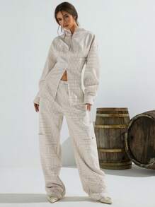 Athîral Women's Casual Regular Jacket, Minimalist And Fashionable For Daily Wear,Gingham Tweed In Fall/Winter - Khaki - View 2