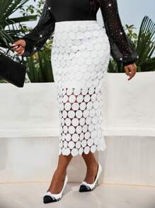 SHEIN Lady 春夏优雅通勤办公休闲波西米亚风休闲外出白色编织中长款大码半身裙优雅装扮女士度假装女士夏季装女士夏季海滩装夏季服装海滩度假装大码女装女士度假装女士春季装波西米亚女装春假装春假装波西米亚风夏季下装 - 白色 - 查看 1