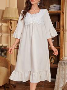 女士V领七分袖两用荷叶边睡裙娃娃衫，适合假日、秋冬季穿着。 - 杏色 - 查看 5